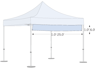 Sketch of hanging tent banner with dimensions